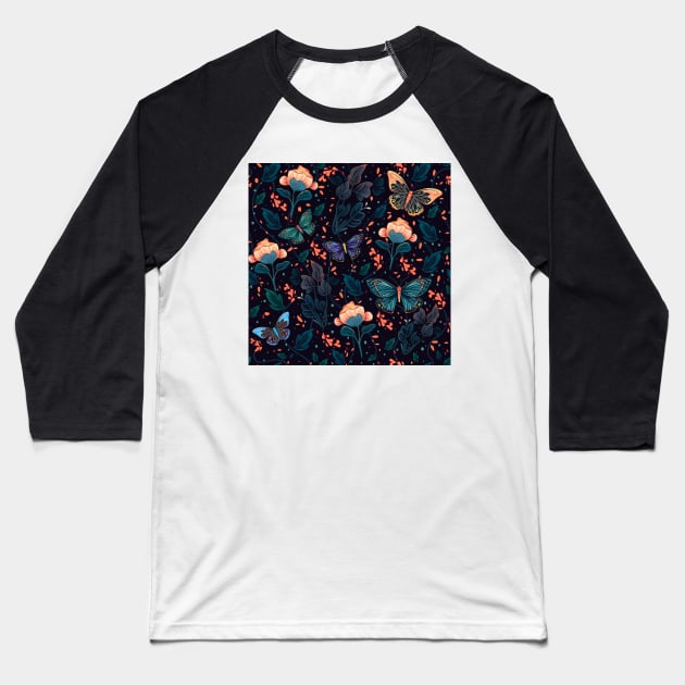 Butterflies and plants night elegant seamless pattern handmade illustration painting Baseball T-Shirt by astronauticarte